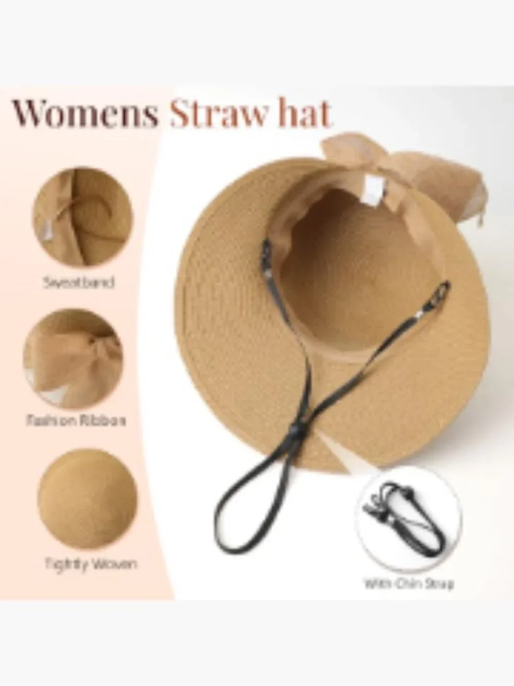 Straw Sun Hat UV Protection UPF 50+ Foldable Packable Adjustable Chin Strap